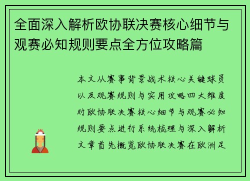 全面深入解析欧协联决赛核心细节与观赛必知规则要点全方位攻略篇